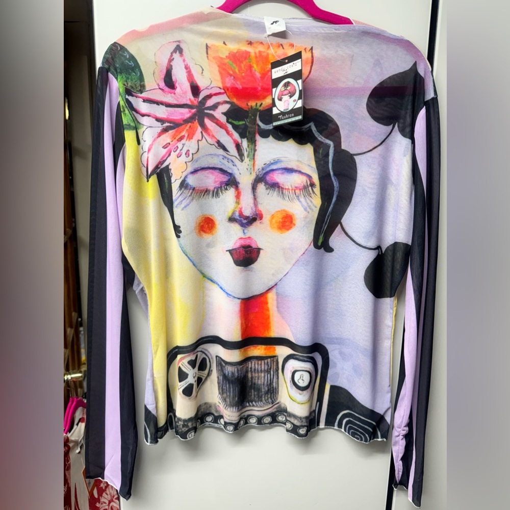 Typewriter girl, long sleeve mesh top size plus size